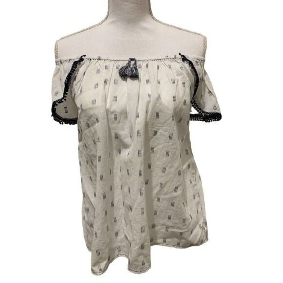 Lucky Brand Womens Top Off The Shoulder Crochet Trim White Navy Size Small NWT - Picture 2 of 12